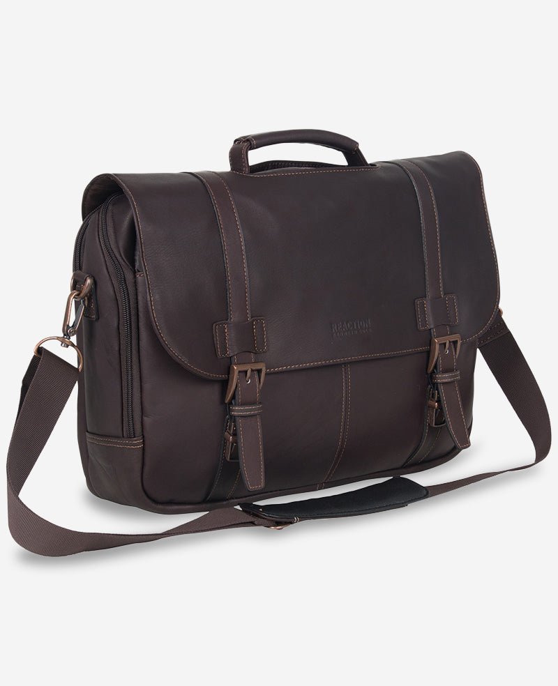 Kenneth Cole Reaction Bags Colombian Leather Flapover Messenger Bag borsa marrone
