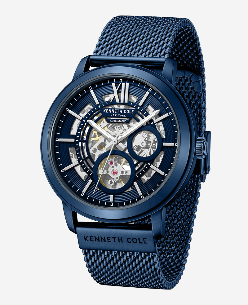 Kenneth Cole Reaction Watches Skeleton Automatic Blue-IP Stainless Steel Mesh Strap Watch orologio automatico blu