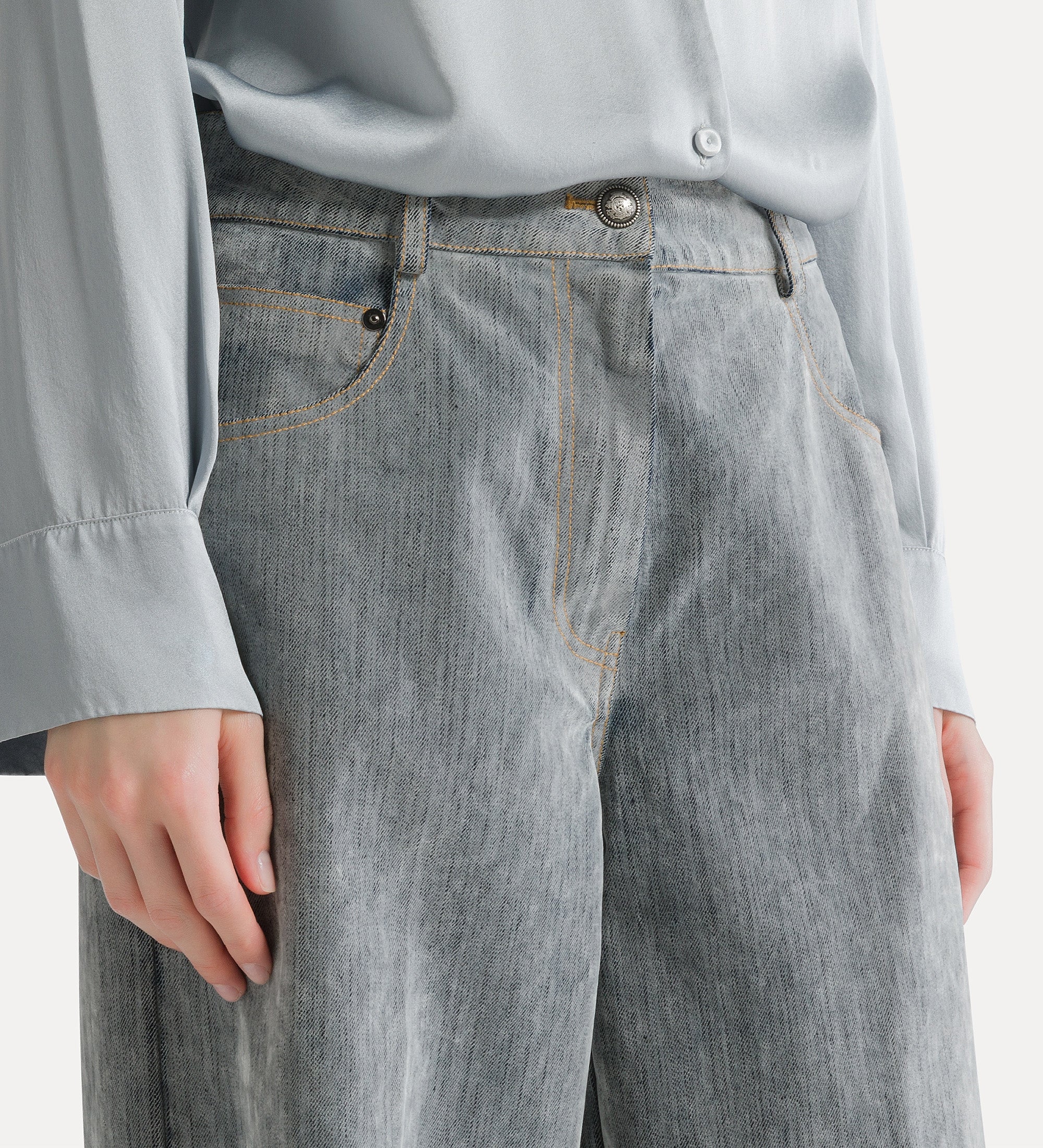 Forte pantaloni jeans wide-leg grigi in denim floccato