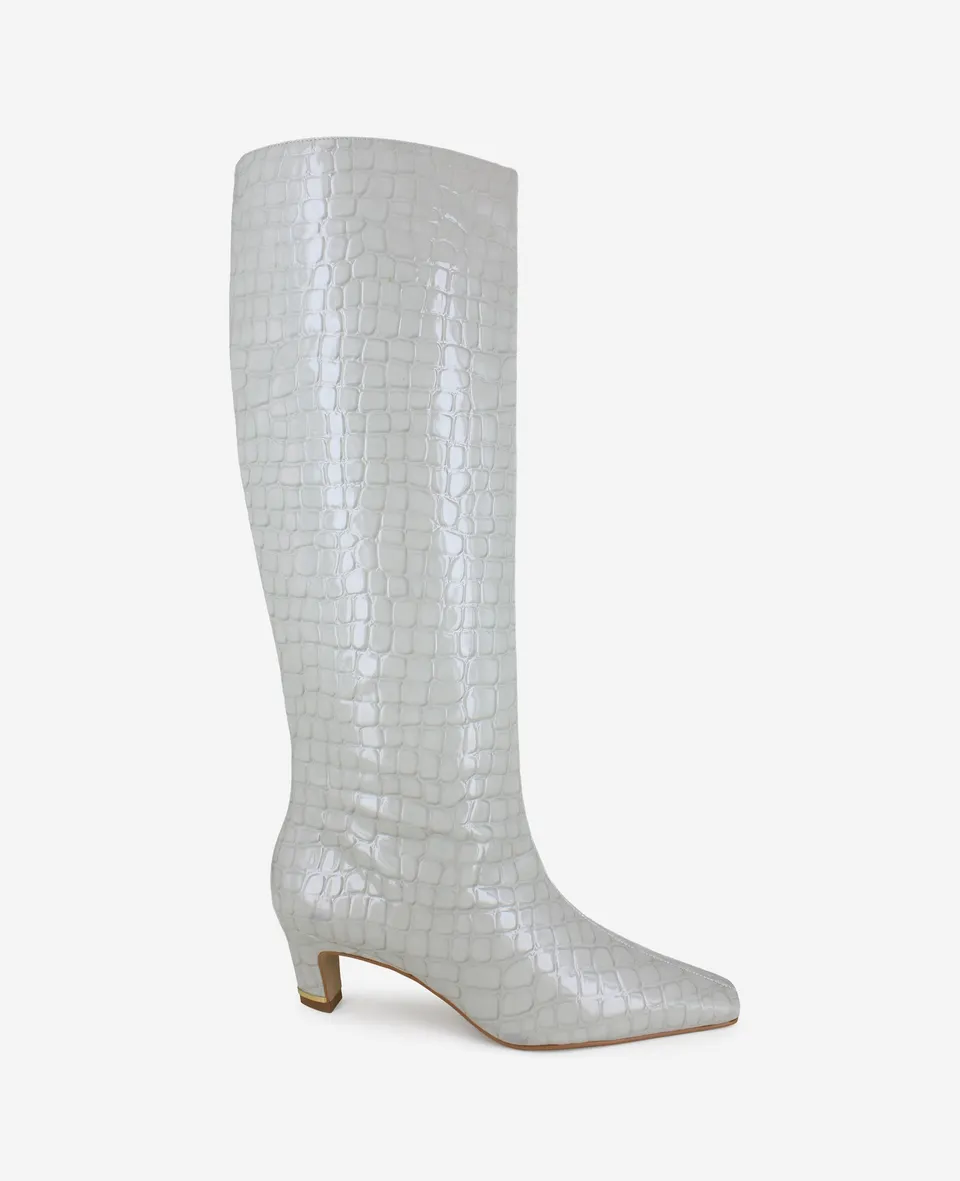 Kenneth Cole Reaction Shoes Rubia Croco Patent Tall Heel Boot stivali alti grigio chiaro
