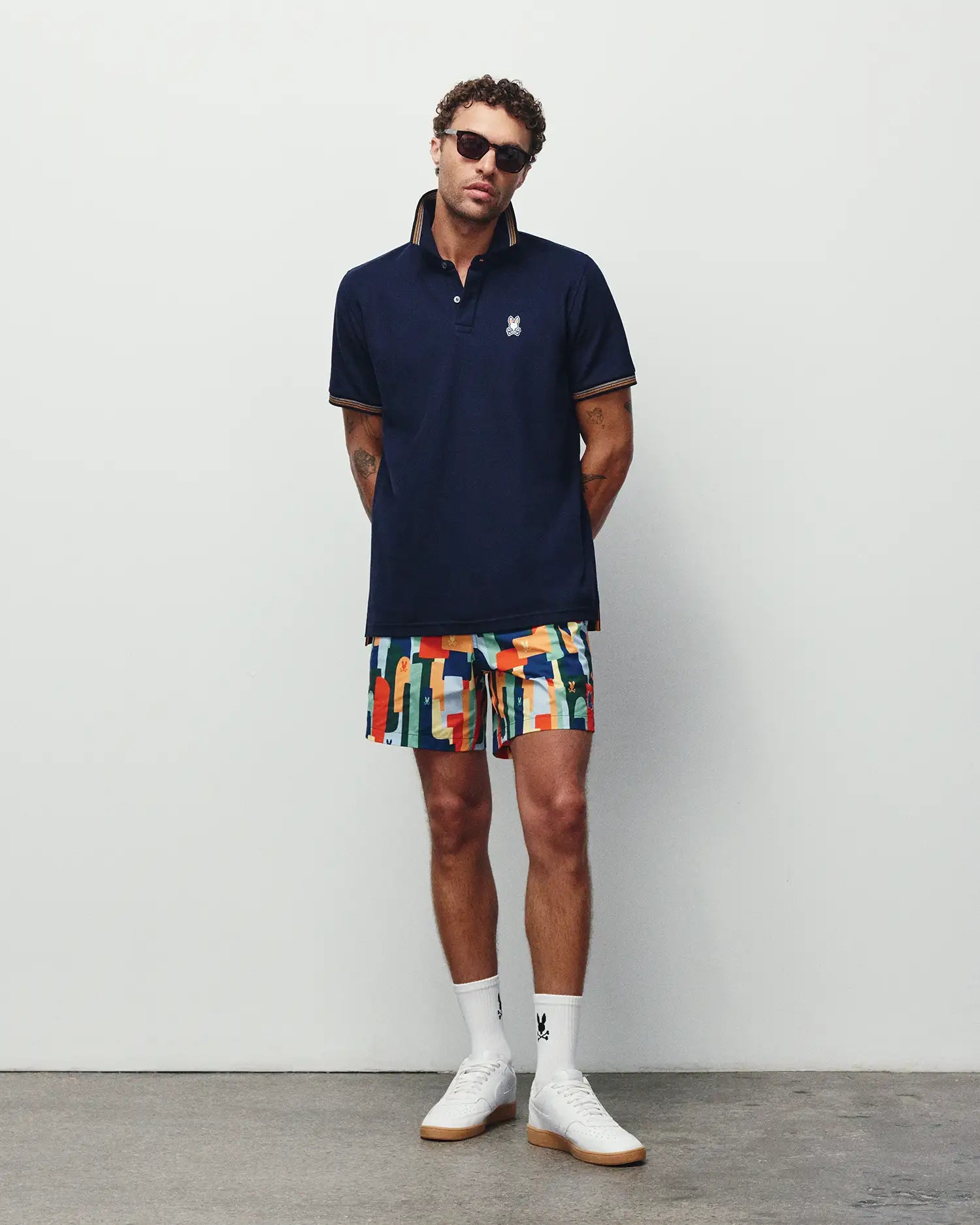Psycho Bunny Men's Swimwear MENS WES ALL-OVER PRINT SWIM TRUNKS costume da bagno blu navy XXS