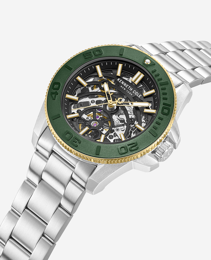 Kenneth Cole Reaction Skeleton Automatic Green Contrast Dial Bracelet Watch orologio automatico argento verde