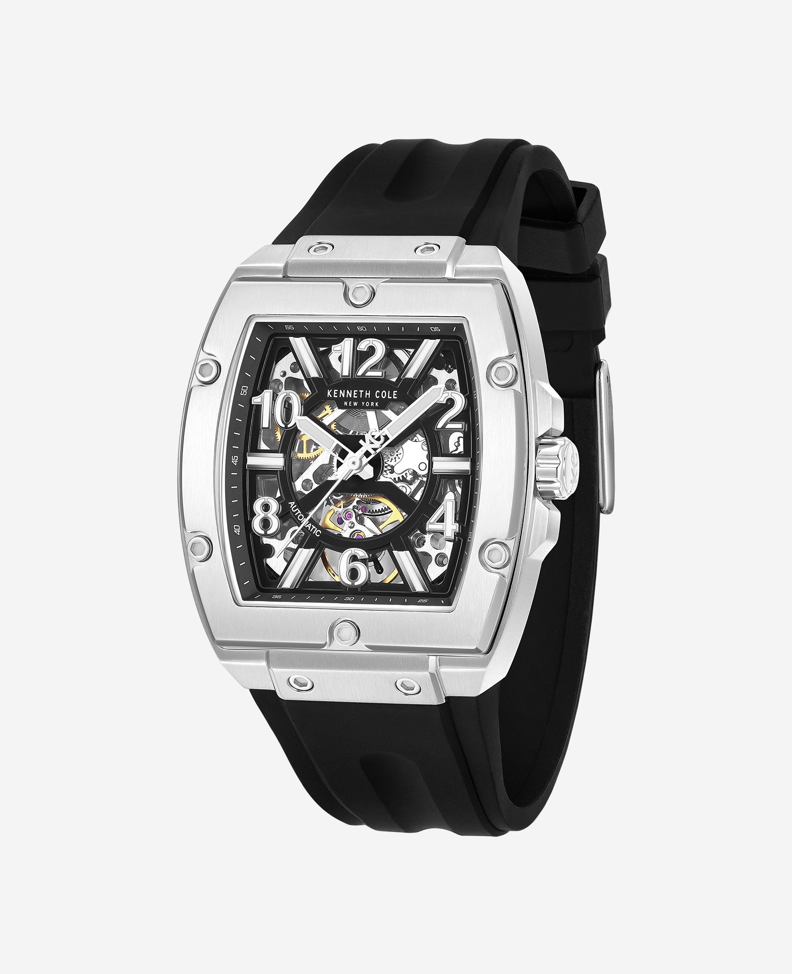 Kenneth Cole Reaction Watches Skeleton Automatic Silicone Strap Watch orologio nero