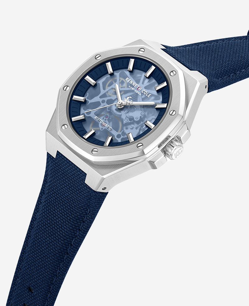 Kenneth Cole Reaction Watches Skeleton Automatic Blue Dial Nylon Strap Watch orologio argento