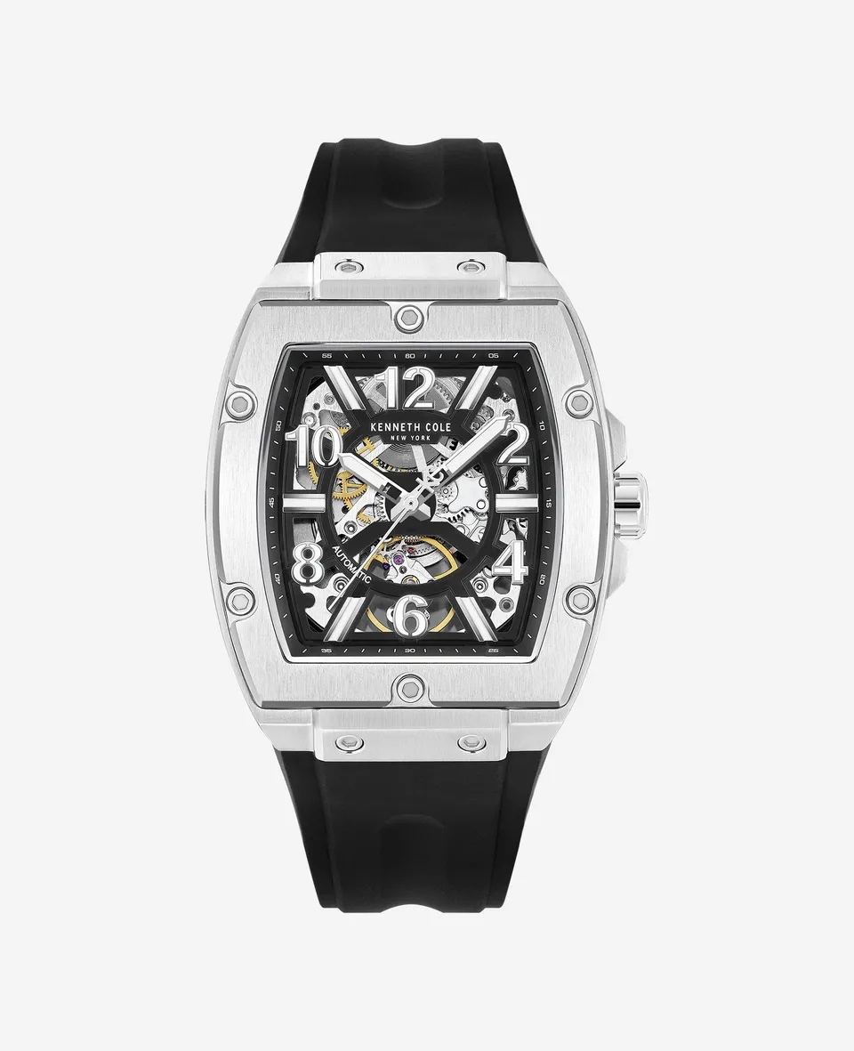 Kenneth Cole Reaction Watches Skeleton Automatic Silicone Strap Watch orologio nero