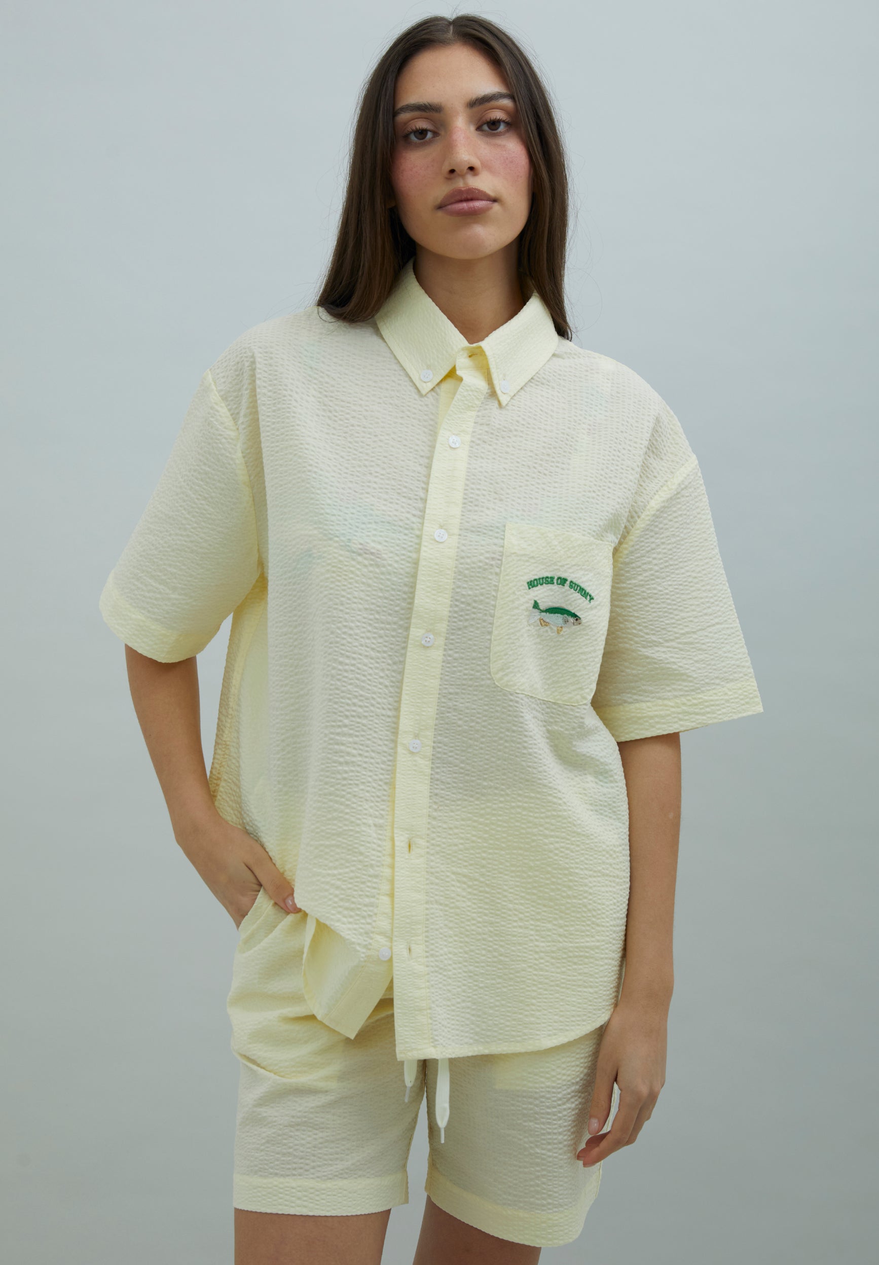 House Of Sunny Women's Shirts GONE FISHING SHIRT camicia gialla seersucker