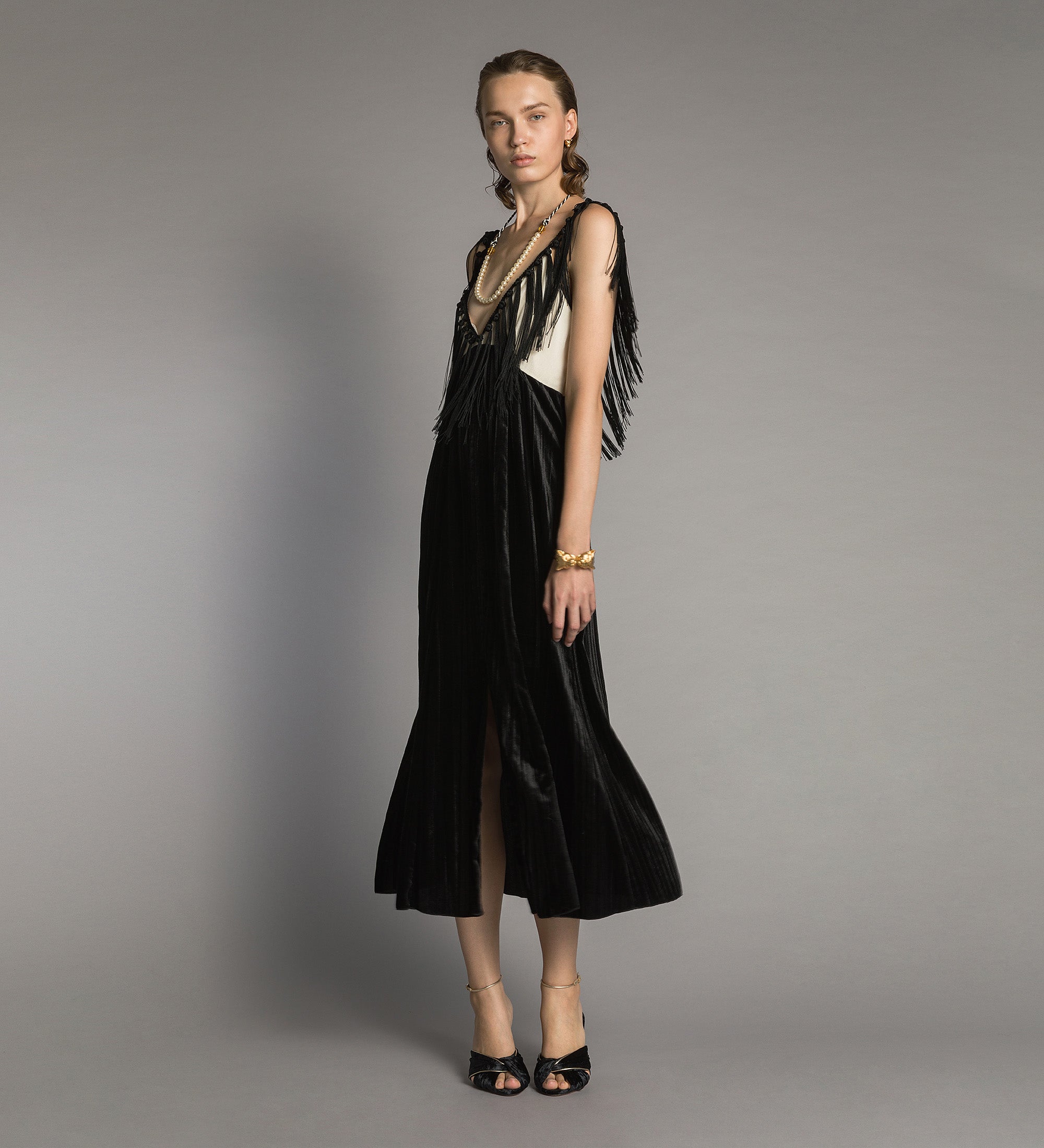 Forte abiti abito sottoveste velluto colorblock con frange nero