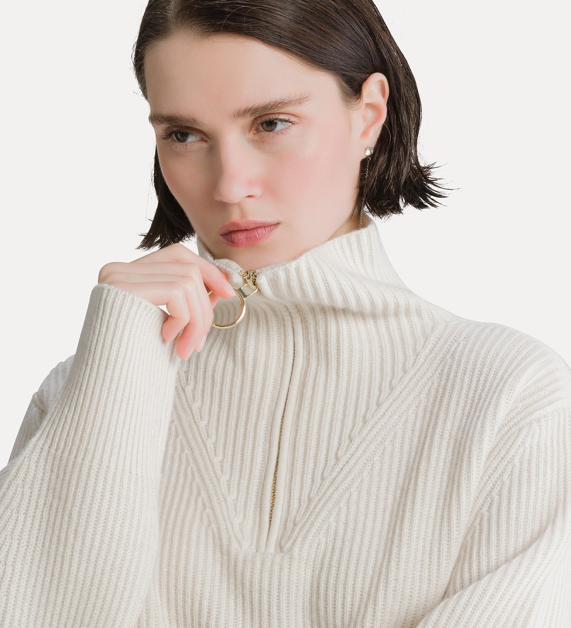Forte maglieria maglia mezza zip Pure bianca, lana e cashmere