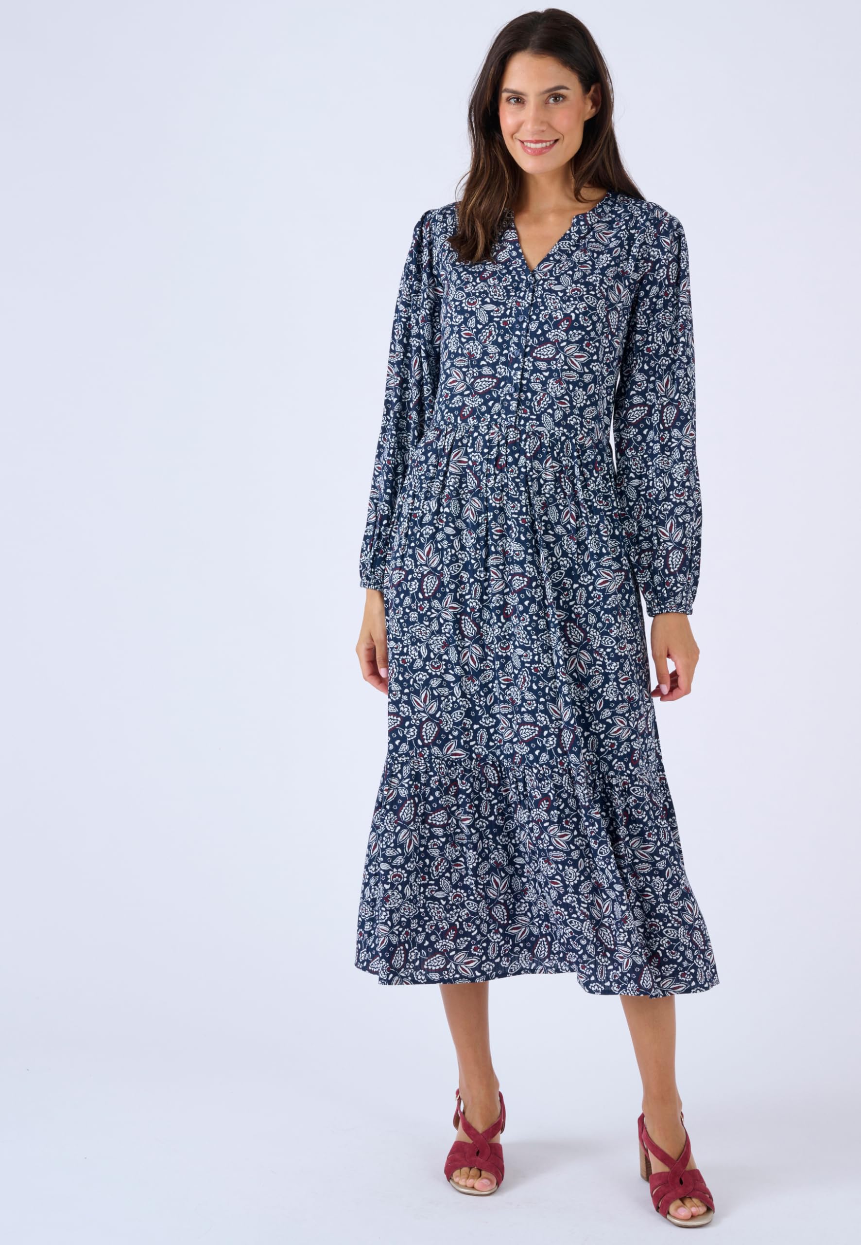 Damart Prêt-à-porter Abito Lungo Puro Viscosa Rilegato Abito blu navy floreale 48