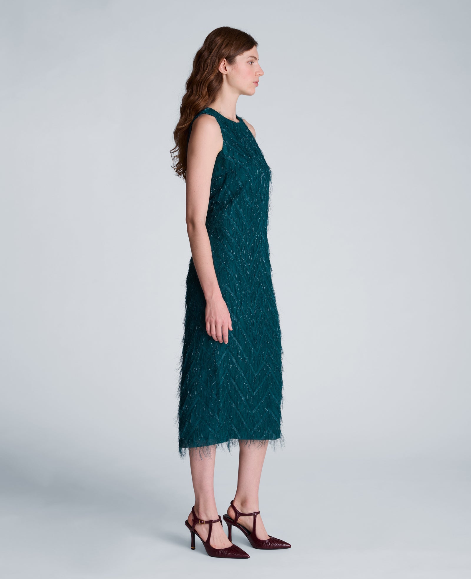 Kenneth Cole Reaction Clothing Fringed Organza Midi Sheath Dress abito midi verde petrolio