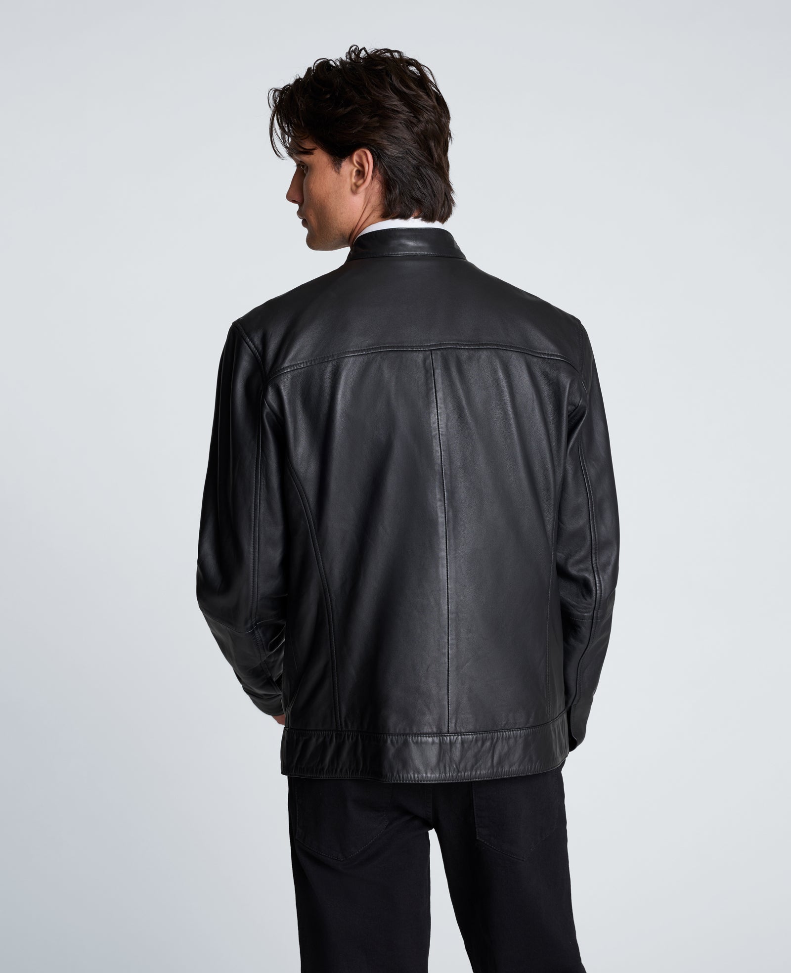 Kenneth Cole Reaction Clothing Stand Collar Leather Moto Jacket giacca in pelle nera
