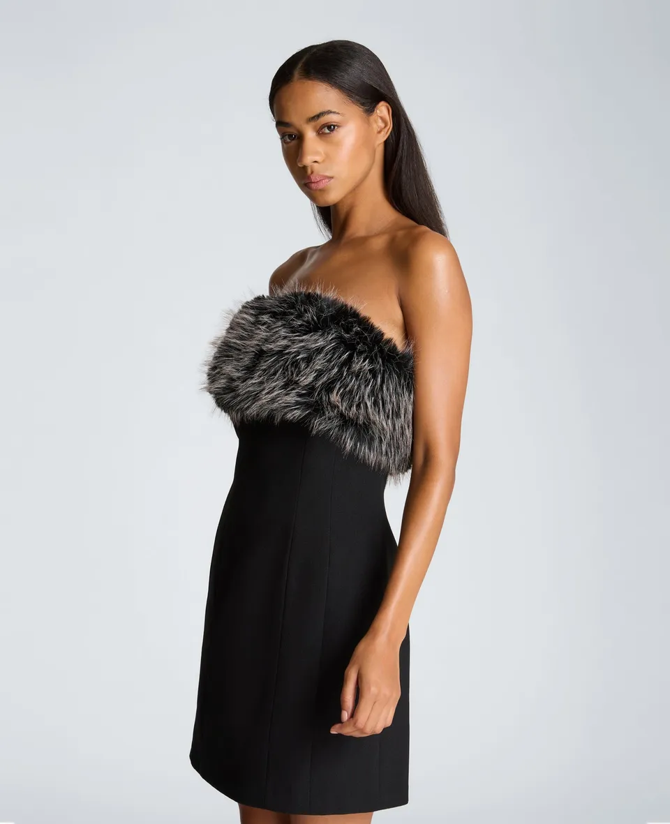 Kenneth Cole Reaction Strapless Hourglass Mini Dress abito corto nero con bordo in ecopelliccia