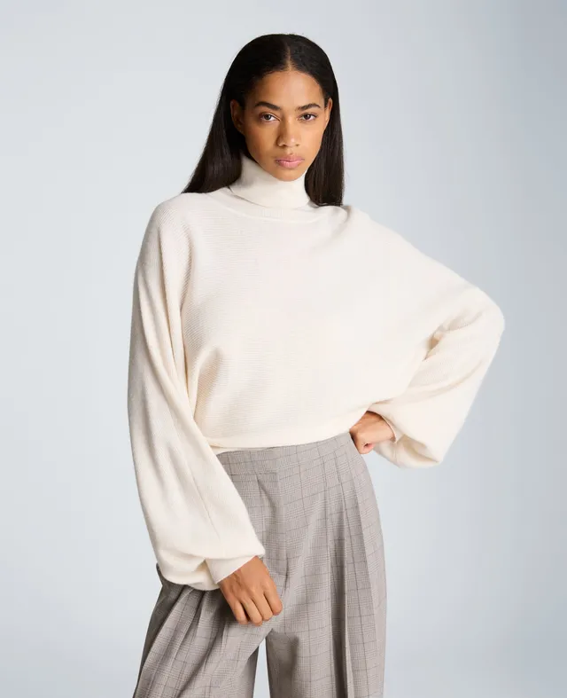 Kenneth Cole Reaction Clothing Horizontal Shaker Crop Turtleneck maglia oyster dolcevita corta