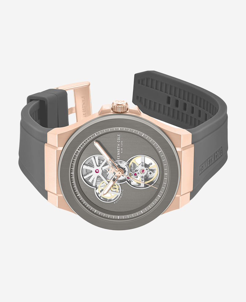Kenneth Cole Reaction Watches Skeleton Automatic Rose Gold Silicone Strap Watch oro rosa