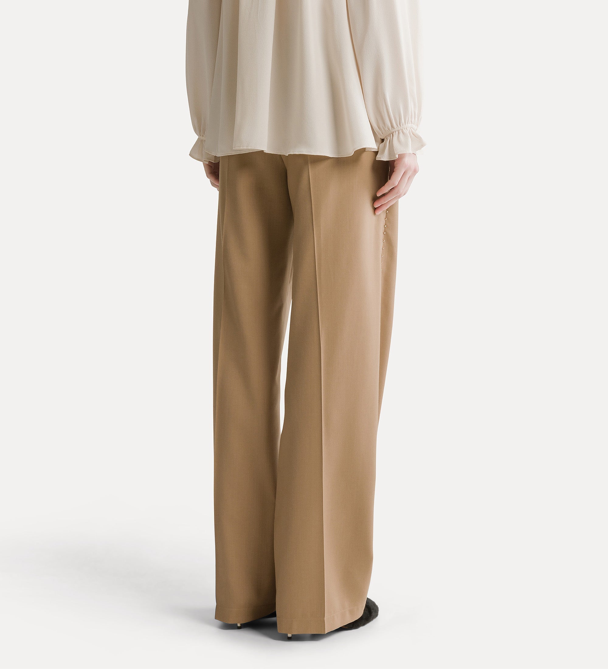 Forte pantaloni embroidered trousers in grain de poudre mandorla pantaloni ricamati