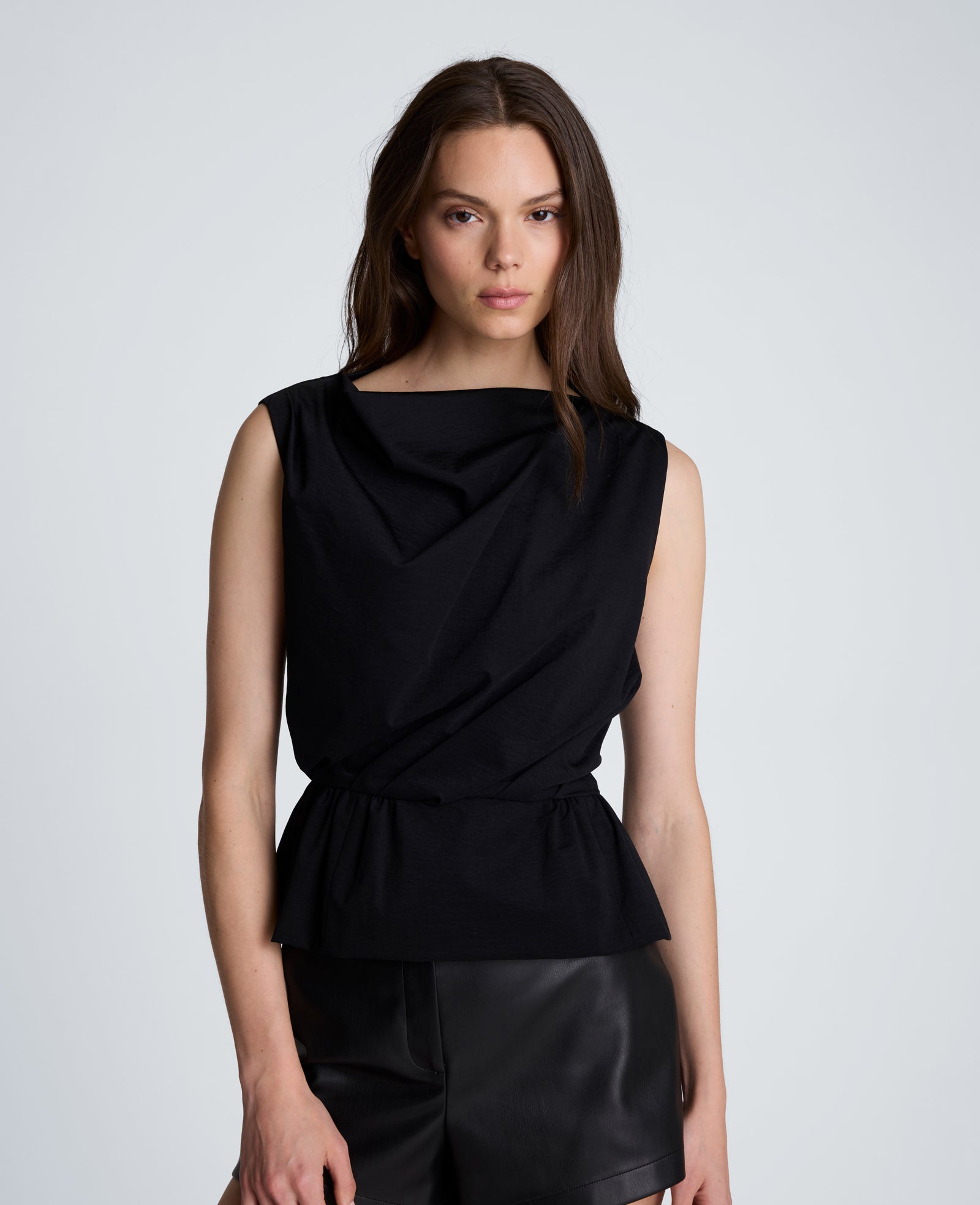 Kenneth Cole Reaction Pleated Sleeve Cowl Neck Peplum Top top nero