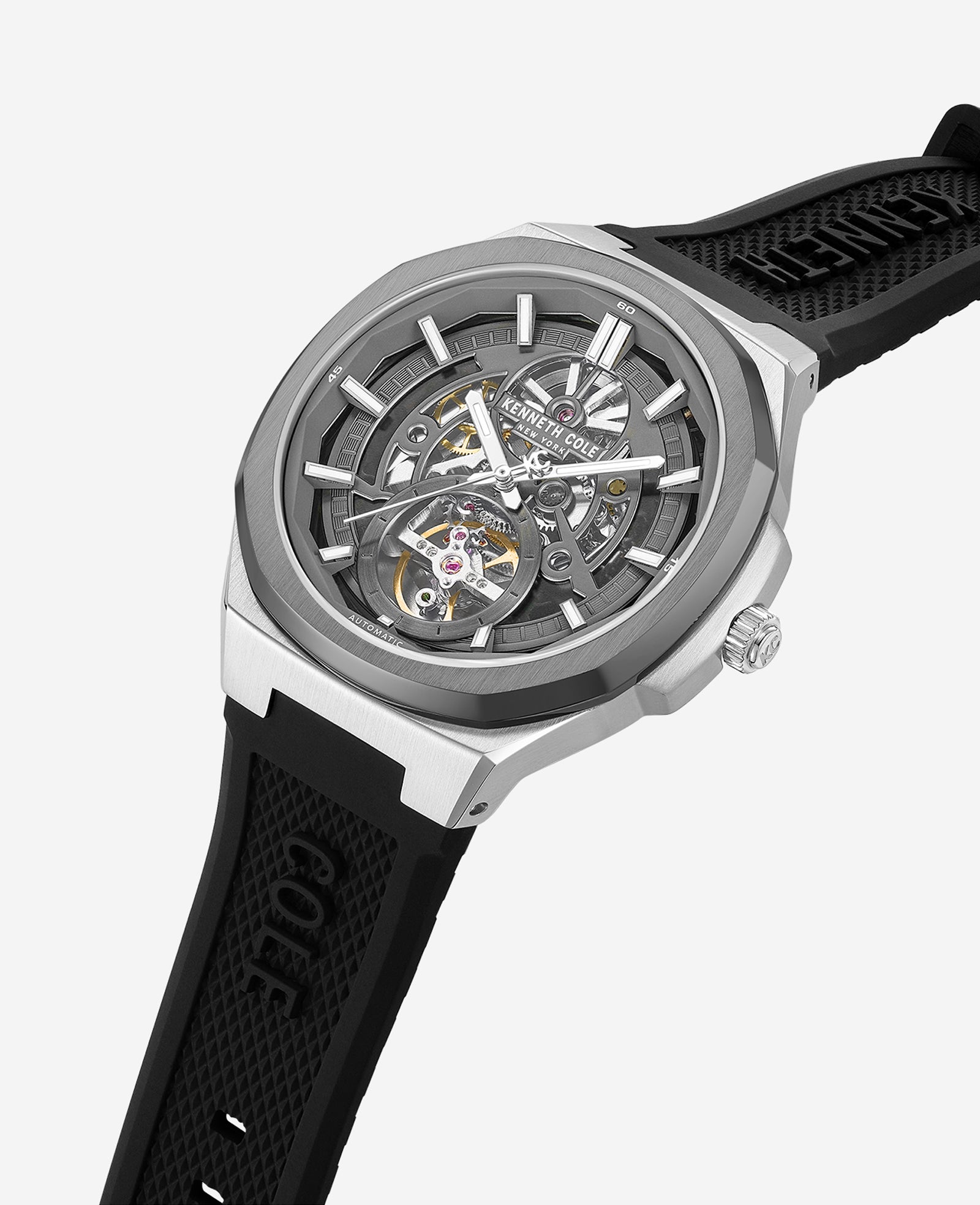Kenneth Cole Reaction Watches Skeleton Automatic Silicone Strap Watch orologio nero automatico