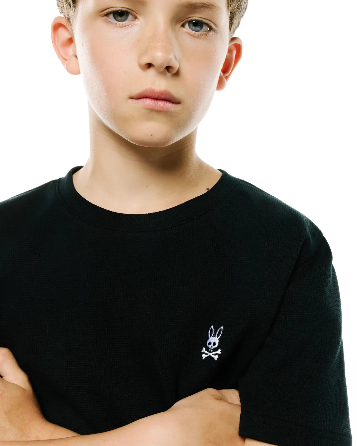 Psycho Bunny Kids Tees Maxton Waffle T-shirt nera in cotone elasticizzato