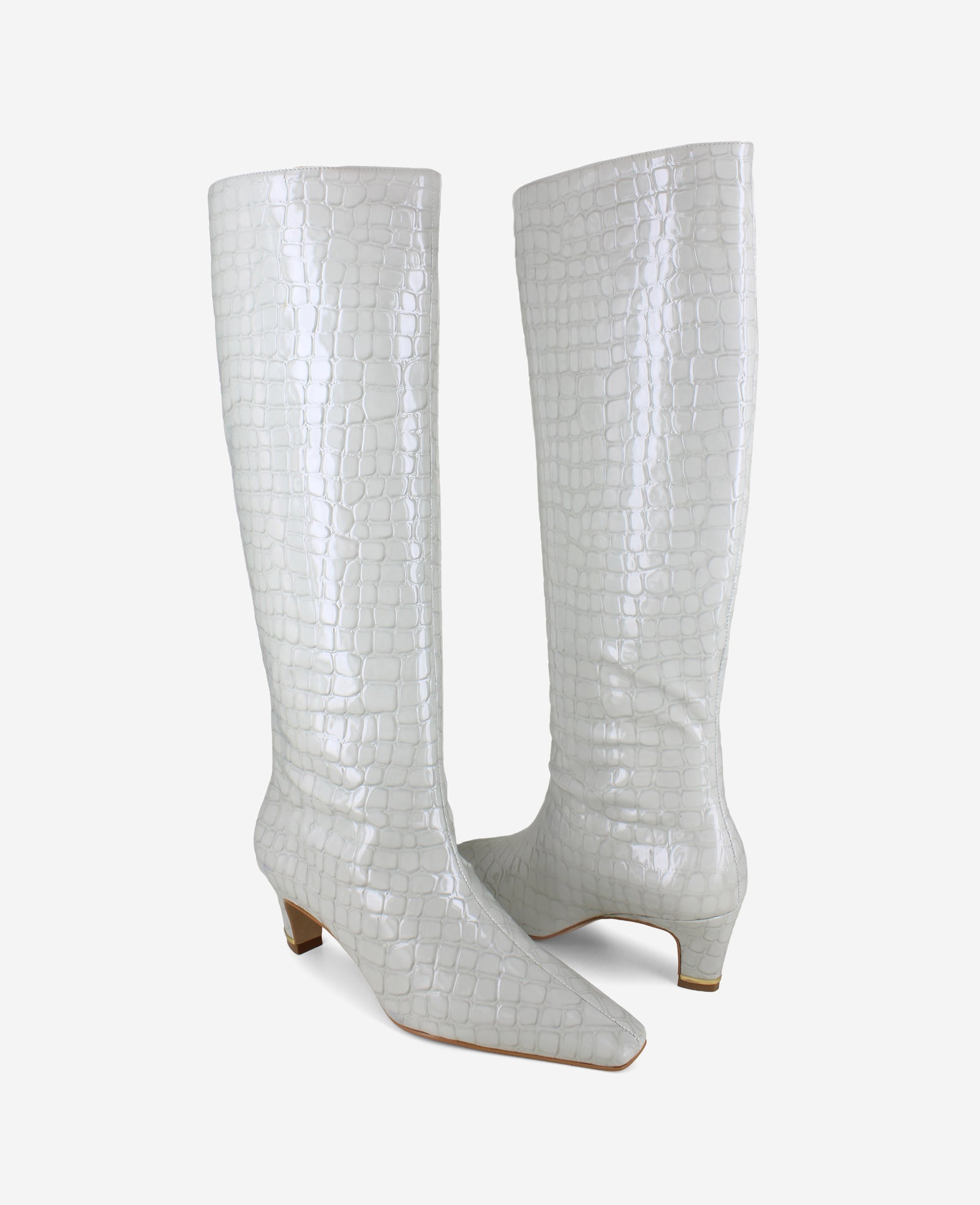 Kenneth Cole Reaction Shoes Rubia Croco Patent Tall Heel Boot stivali alti grigio chiaro