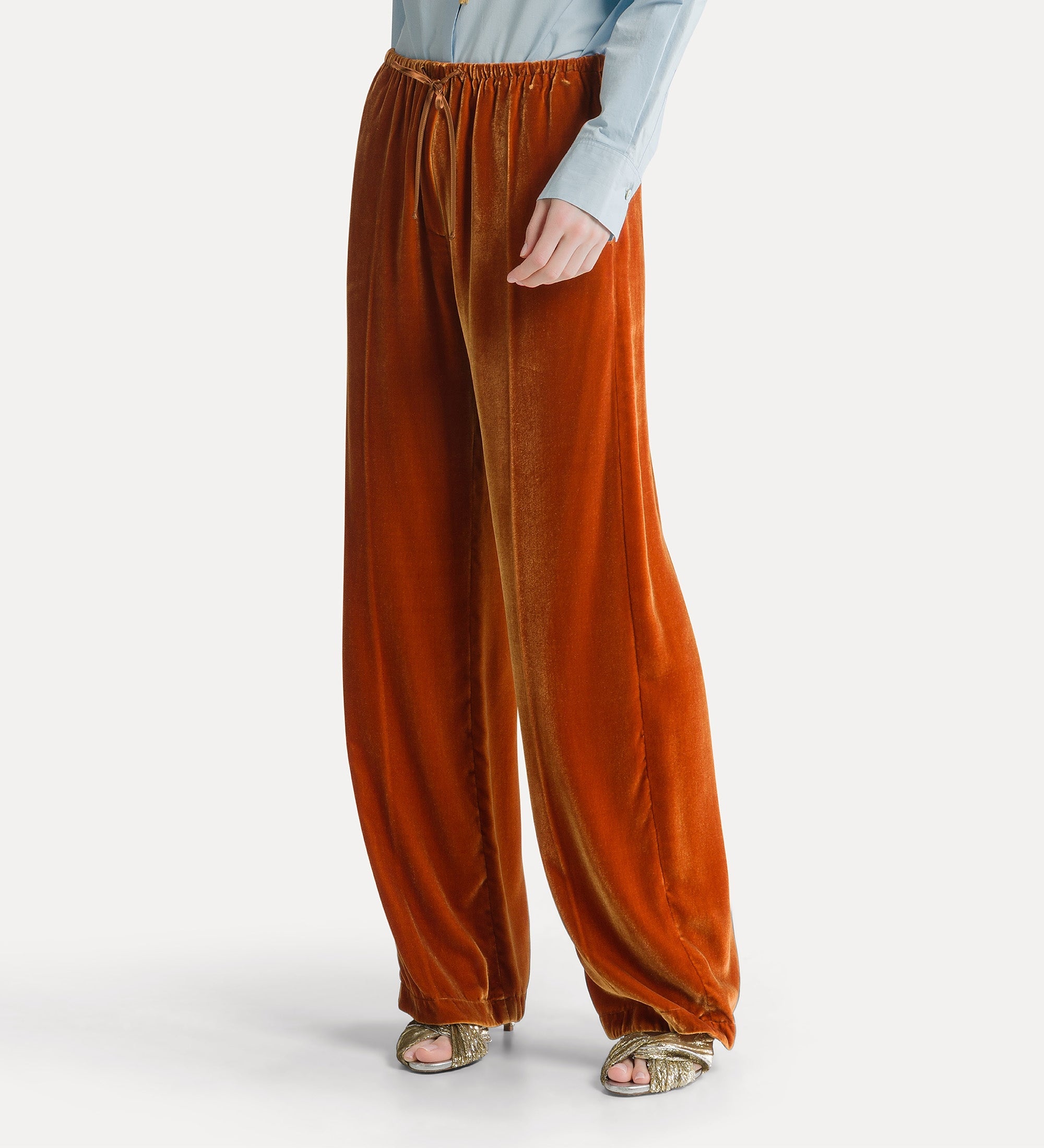 Forte pantaloni in velluto di viscosa e seta arancione