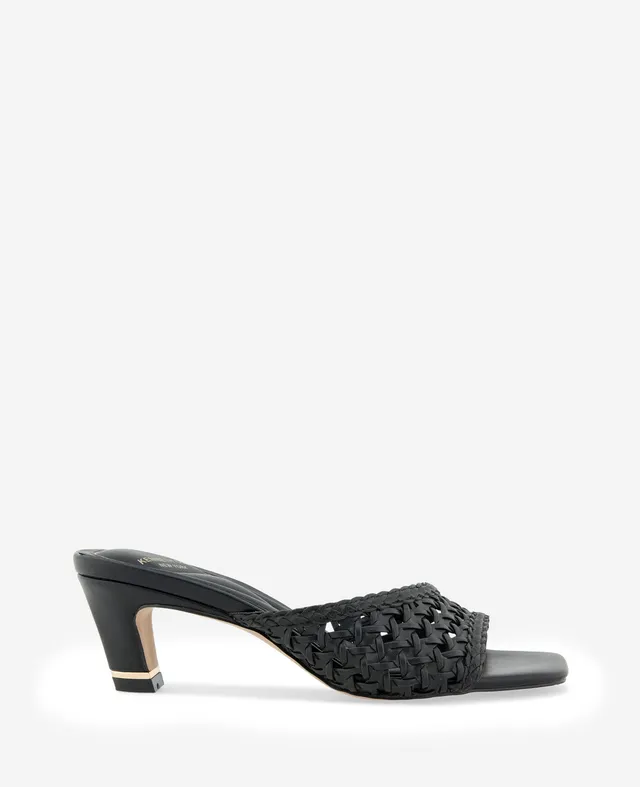 Kenneth Cole Reaction Shoes Arita Woven Leather Open Toe Heel scarpe nere tacco kitten