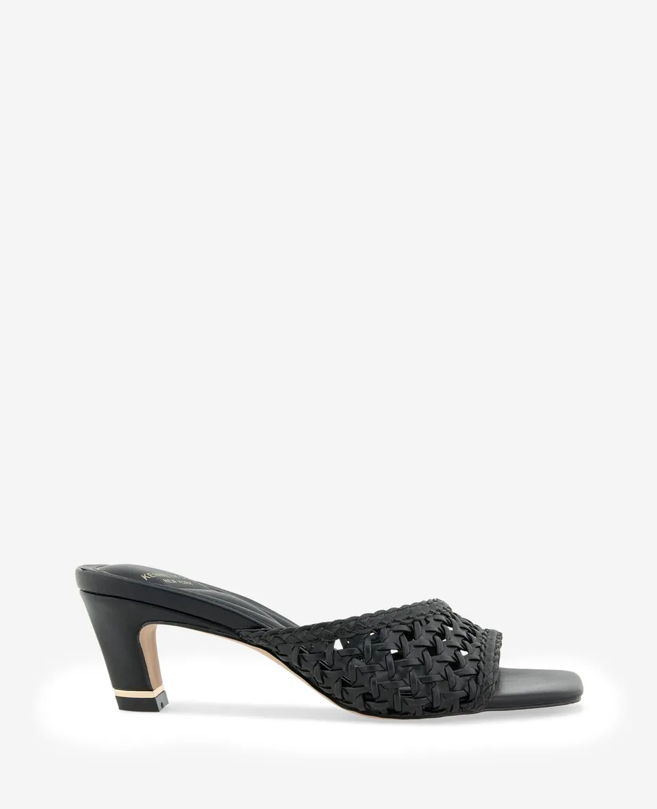 Kenneth Cole Reaction Shoes Arita Woven Leather Open Toe Heel scarpe nere tacco kitten