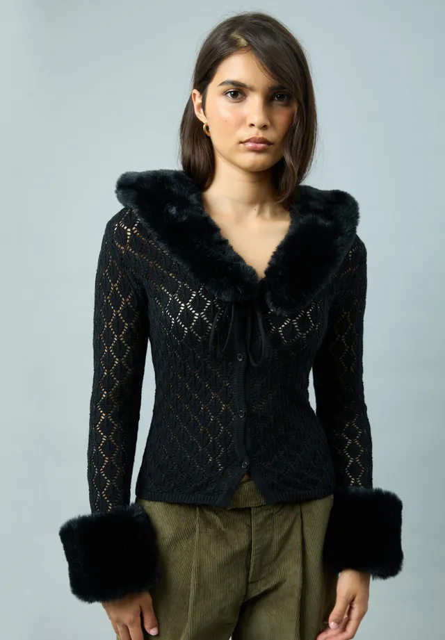 House Of Sunny Women's Knitwear Black Fur Collar Peggy maglia nera in cotone