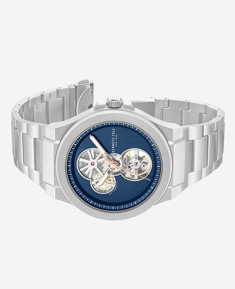 Kenneth Cole Reaction Watches Skeleton Automatic Gunmetal Dial Stainless Steel Bracelet Watch orologio argento
