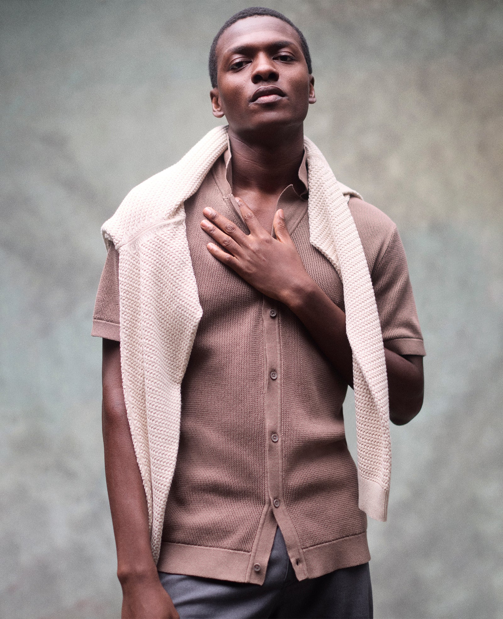 Kenneth Cole Reaction Clothing Knit Camp Shirt camicia uomo Sage in cotone stretch