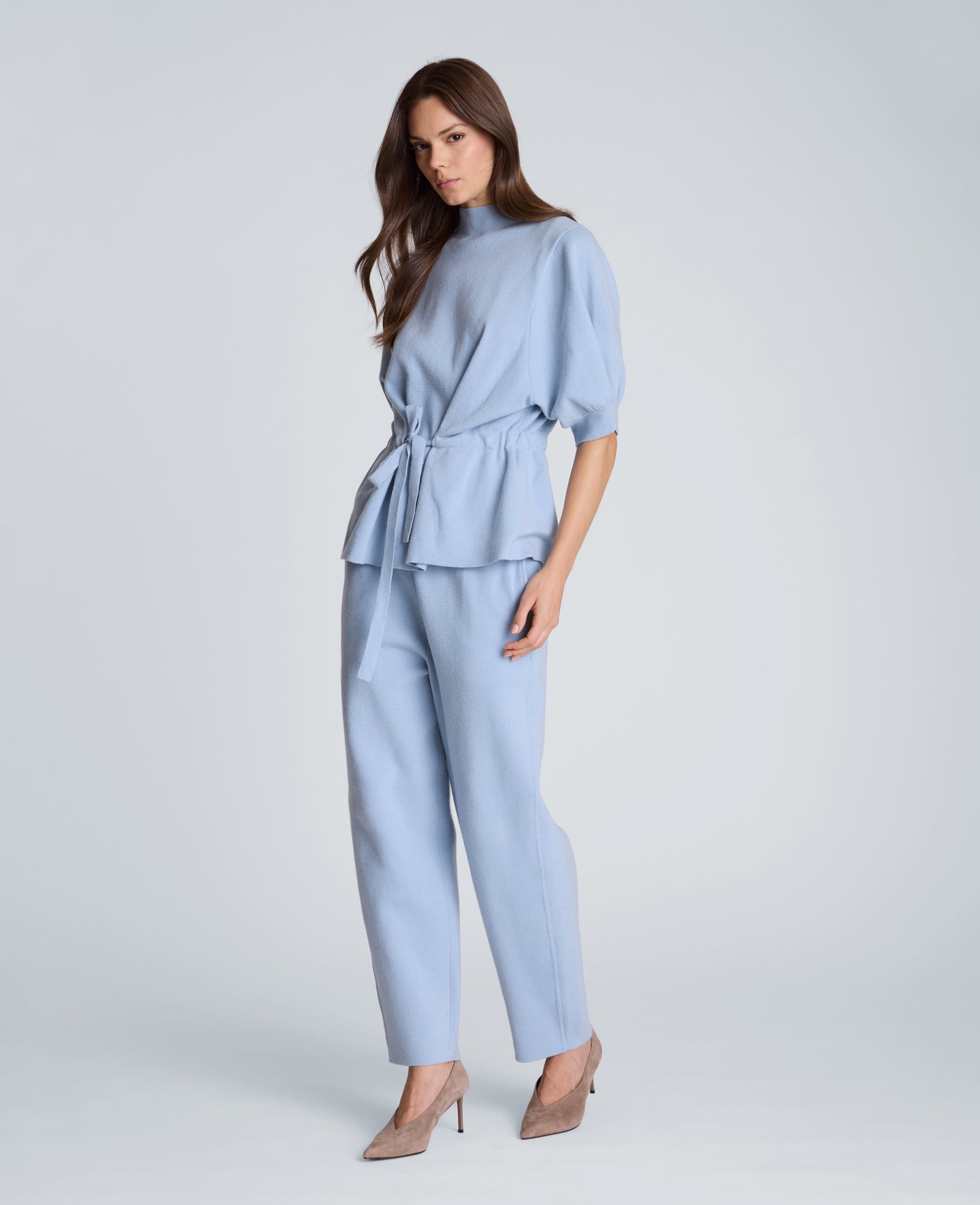 Kenneth Cole Reaction Clothing Short Sleeve Tunnel Belt Mock Neck Sweater maglione Serene Blue in cashmere