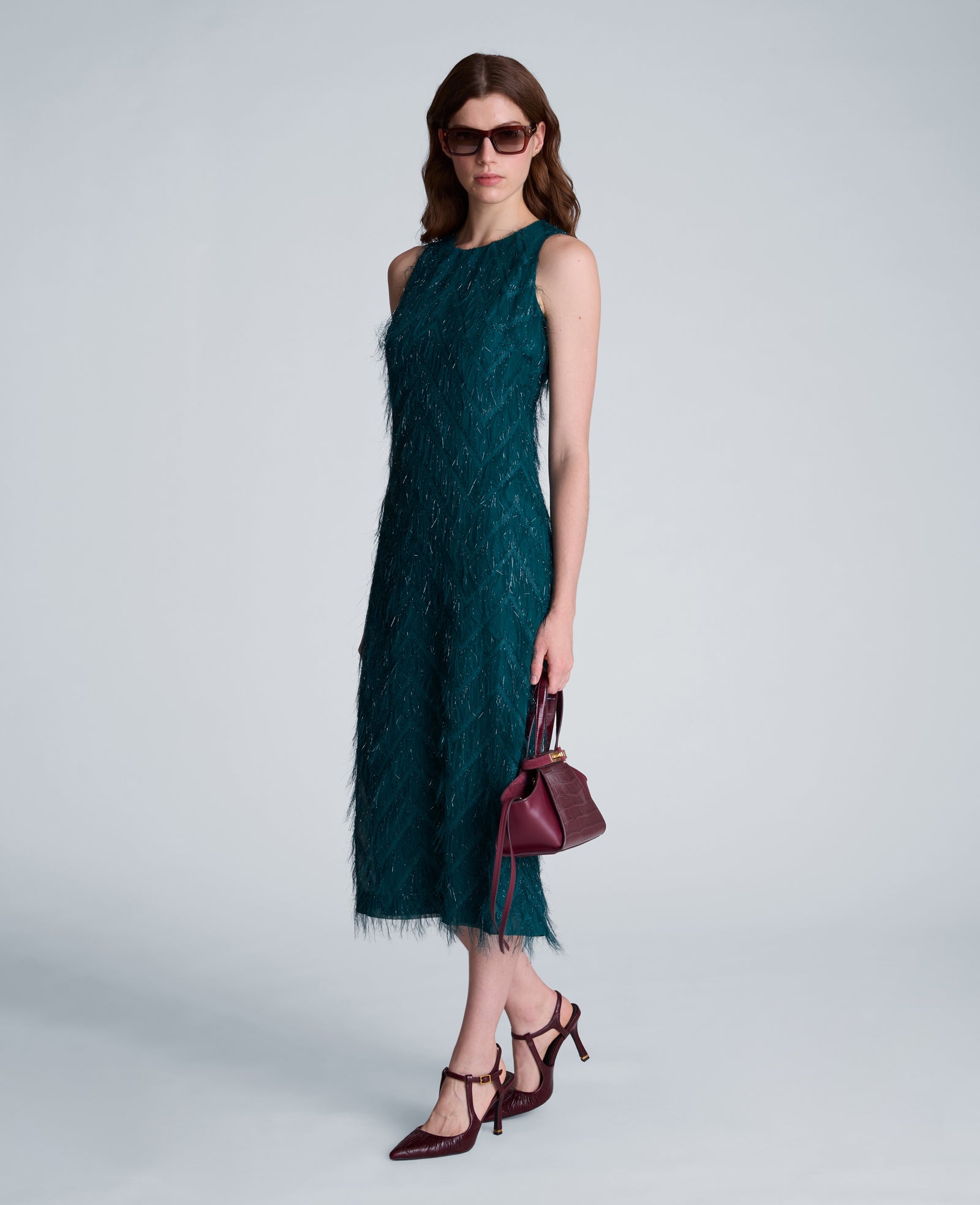 Kenneth Cole Reaction Clothing Fringed Organza Midi Sheath Dress abito midi verde petrolio