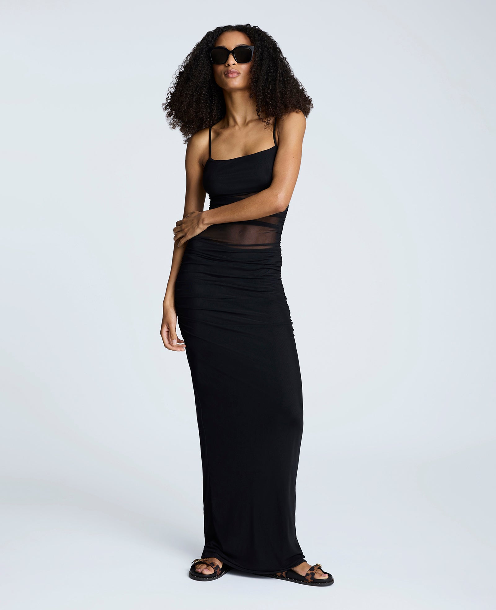 Kenneth Cole Reaction Rouched Mesh Maxi Dress abito lungo nero