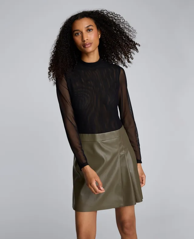 Kenneth Cole Reaction Clothing Jodie Mock Neck Mixed Media Dress abito nero verde con gonna plissettata
