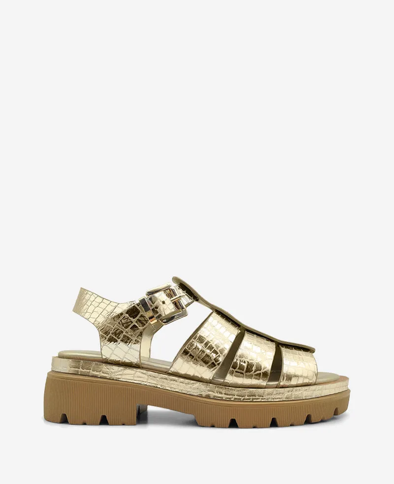 Kenneth Cole Reaction Shoes Herron Metallic Platform Fisherman Sandal sandalo oro in pelle