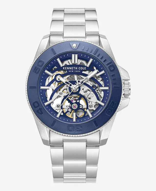 Kenneth Cole Reaction Watches Skeleton Automatic Blue Contrast Dial Bracelet Watch orologio automatico argento e blu