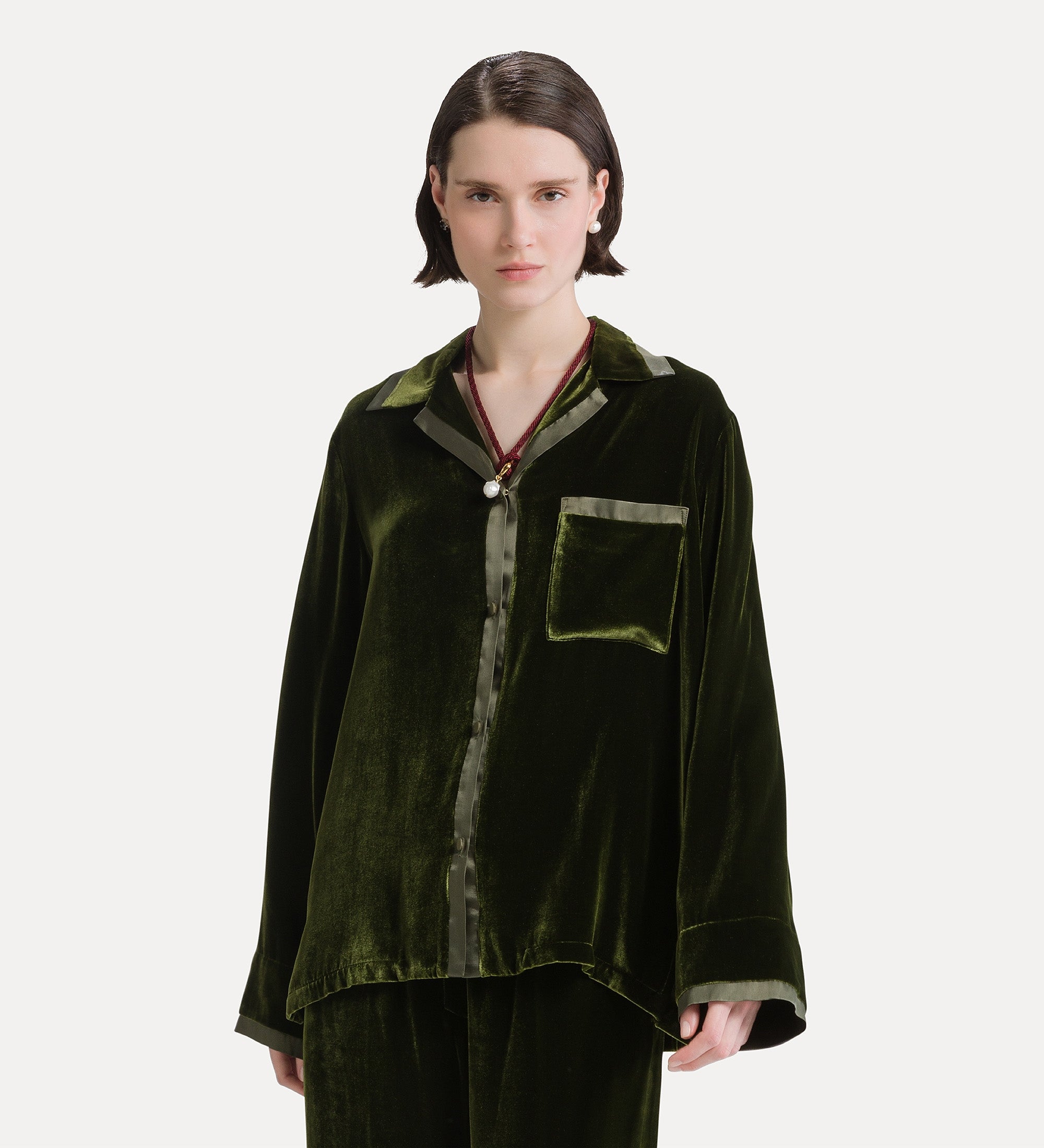 Forte camicie camicia pigiama in velluto seta e viscosa Woods verde