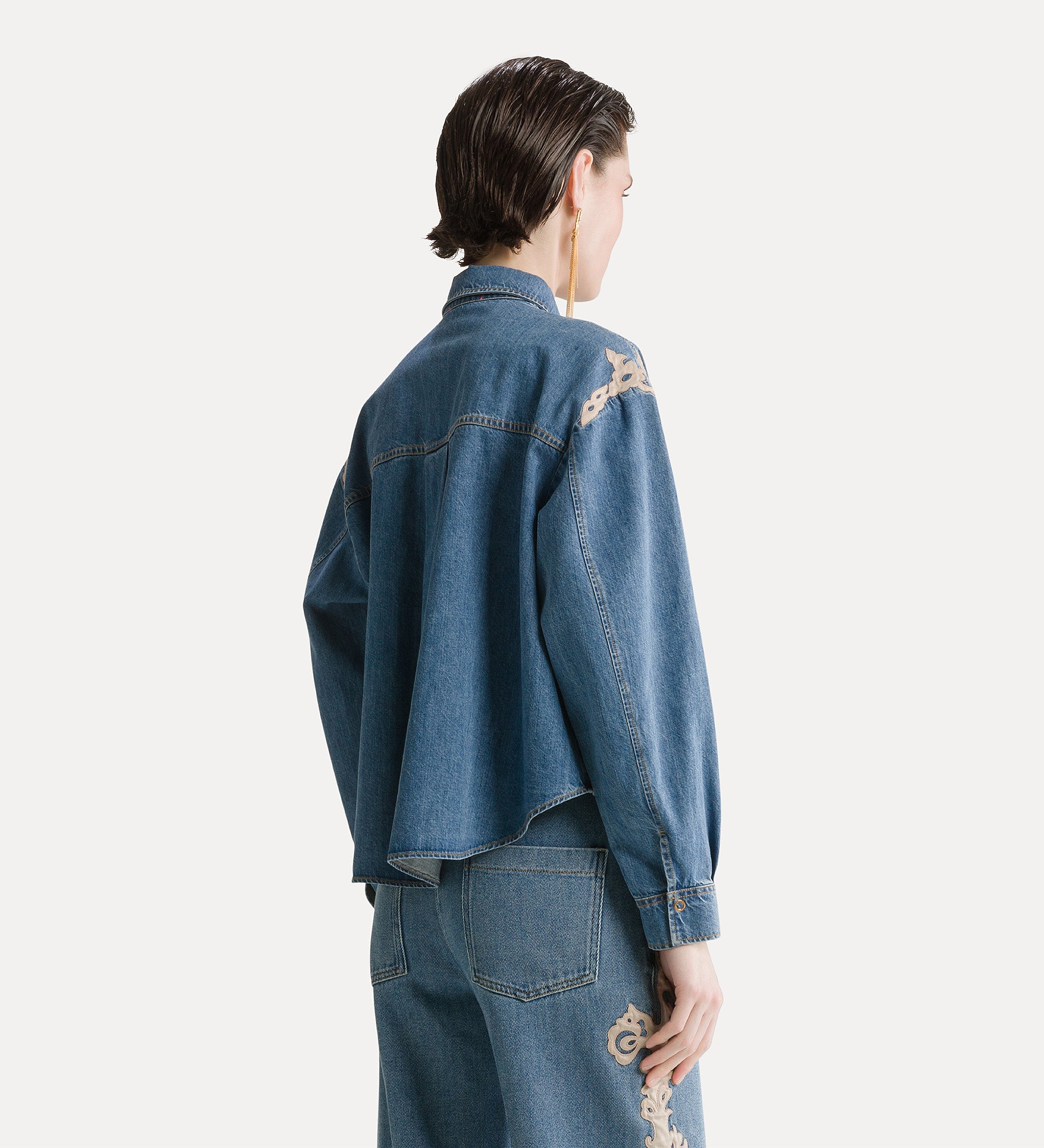 Forte camicie Embroidered Indigo Twill Boxy Shirt celeste camicia ricamata