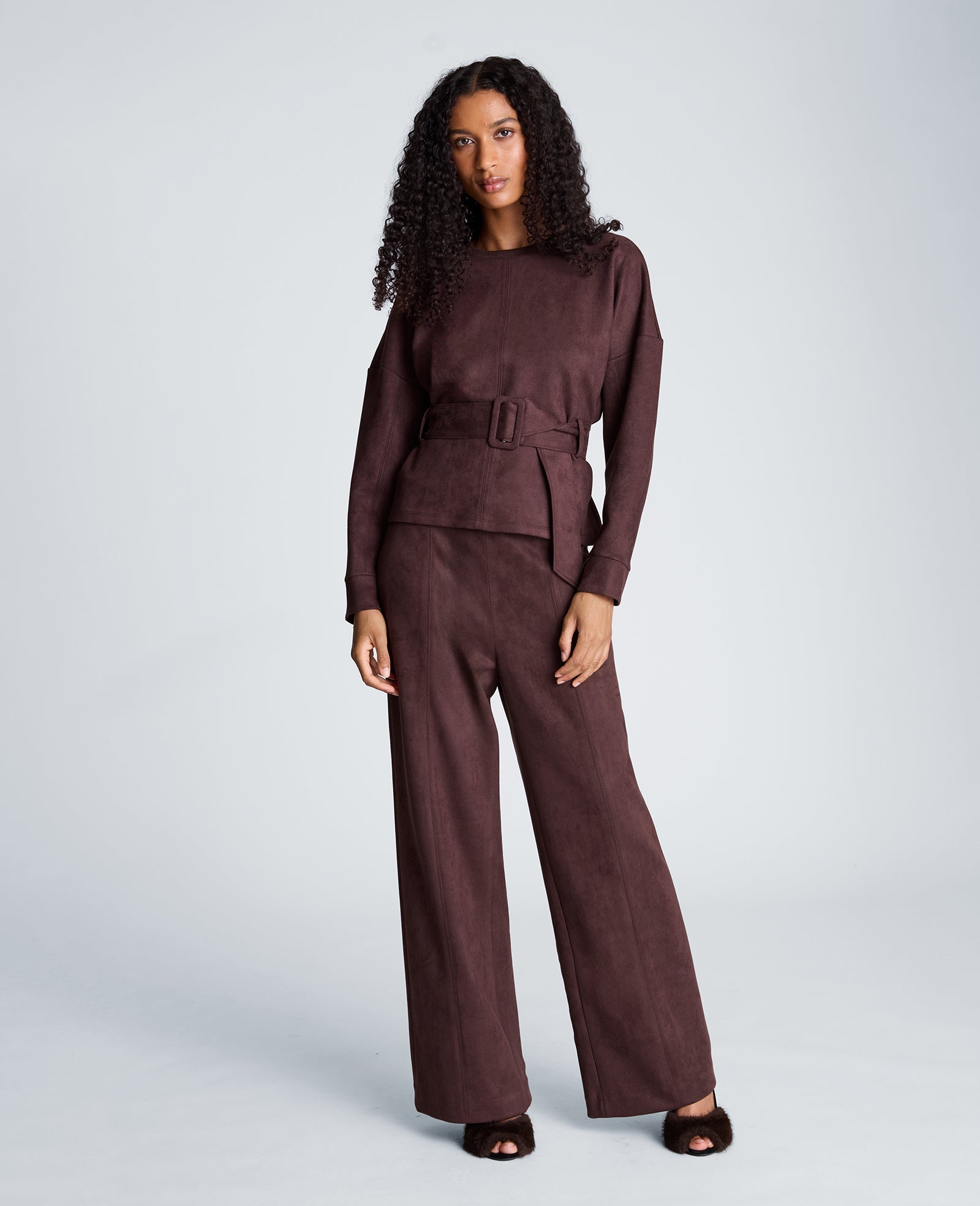 Kenneth Cole Reaction Clothing High Rise Pull On Wide Leg Hollywood Waist Pant pantaloni wide leg vita alta marrone