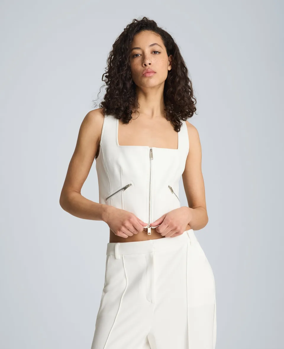 Kenneth Cole Reaction Clothing Fitted Zip Front Bodice with Zip Pockets top bianco cropped