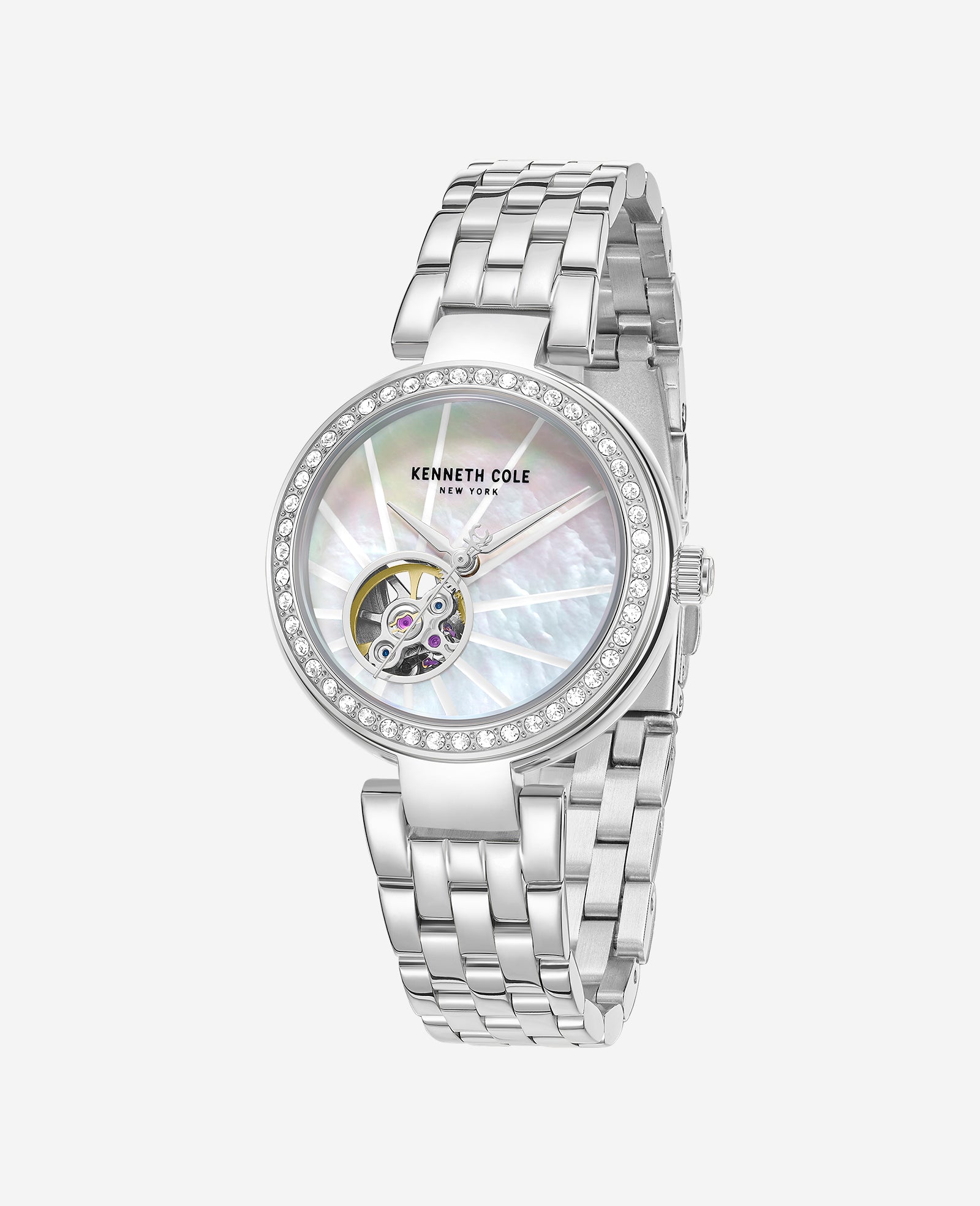 Kenneth Cole Reaction Watches Open Heart Automatic Crystal Lined MOP Dial Bracelet Watch orologio argento