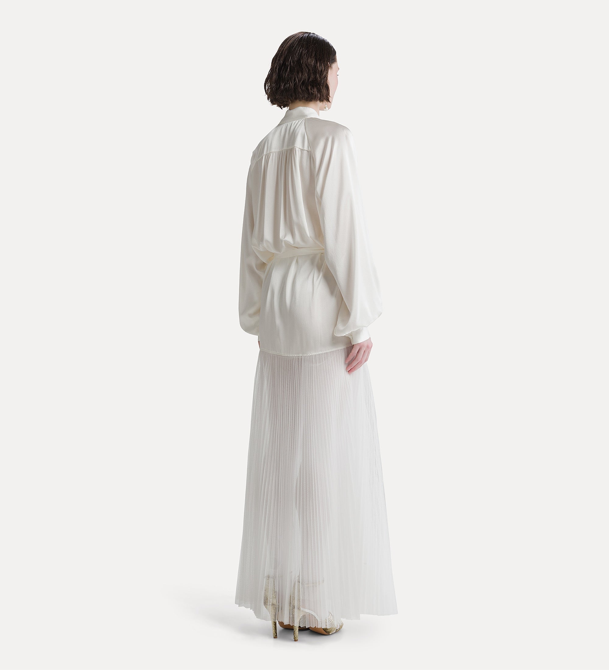 Forte abiti abito lungo bianco in seta e tulle plissé