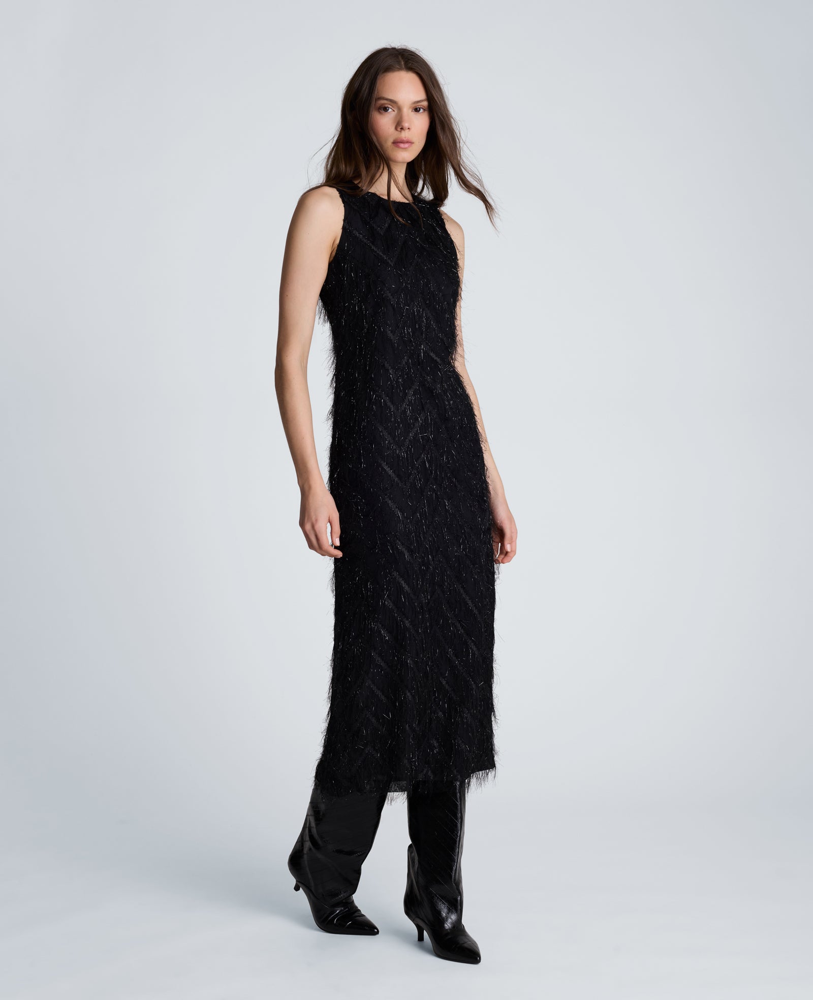 Kenneth Cole Reaction Clothing Fringed Organza Midi Sheath Dress abito midi nero