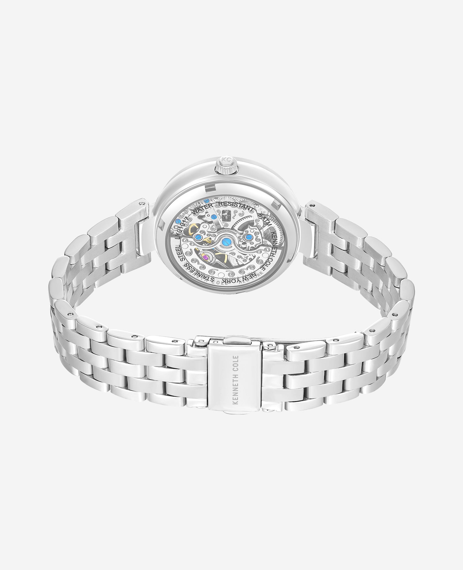 Kenneth Cole Reaction Watches Open Heart Automatic Crystal Lined MOP Dial Bracelet Watch orologio argento
