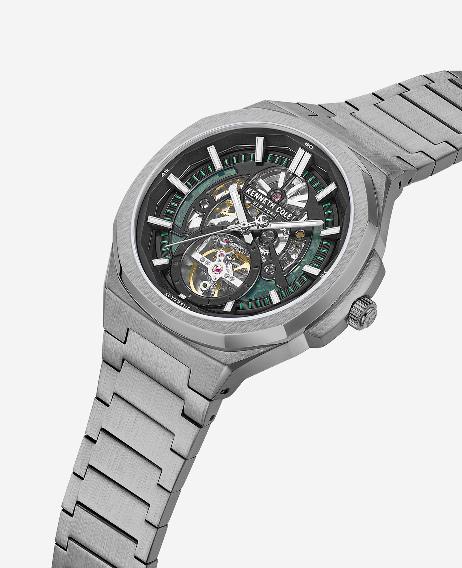 Kenneth Cole Reaction Watches Skeleton Automatic Bracelet Watch orologio automatico grigio scuro con bracciale in acciaio