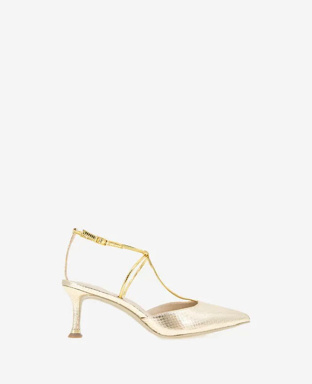 Kenneth Cole Reaction Shoes Umi T-Strap Metallic Heel scarpe con tacco oro serpente