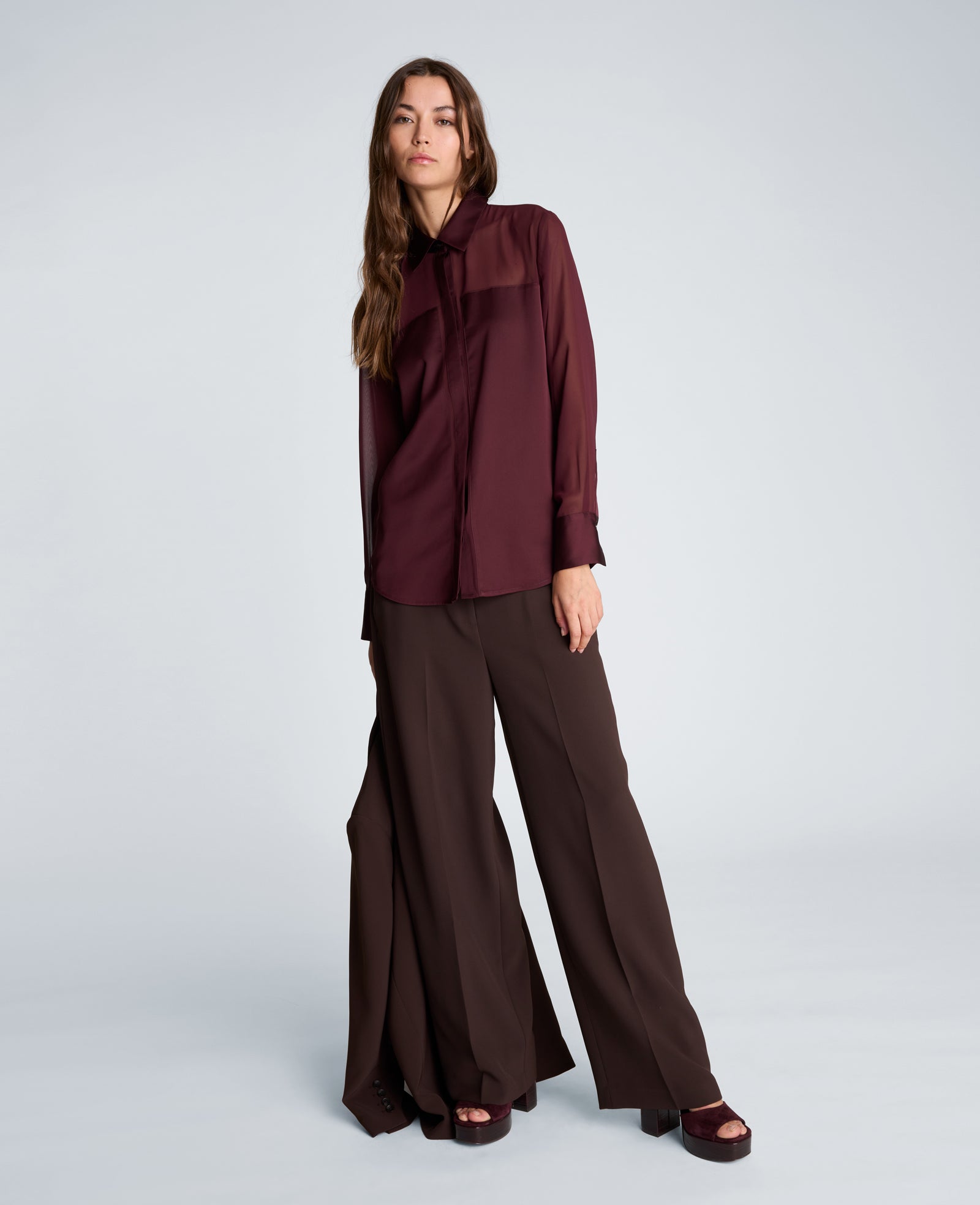 Kenneth Cole Reaction Clothing Long Sleeve Button Front Shirt camicia donna Sugar Beet maniche trasparenti