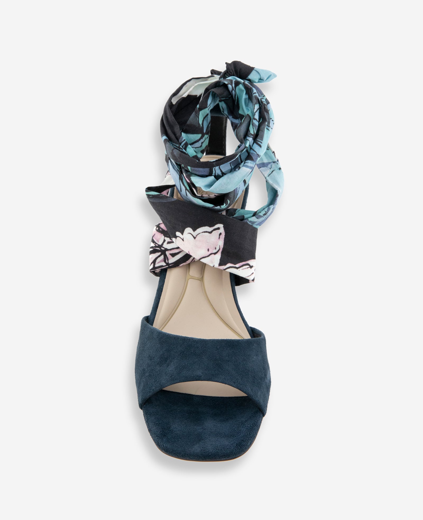 Kenneth Cole Reaction Shoes Fabia Printed Fabric Wrap Around Suede & Raffia Wedge sandalo zeppa blu navy