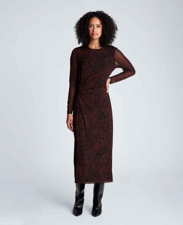 Kenneth Cole Reaction Clothing Knot Long Sleeve Midi Dress abito midi marrone stampa serpente