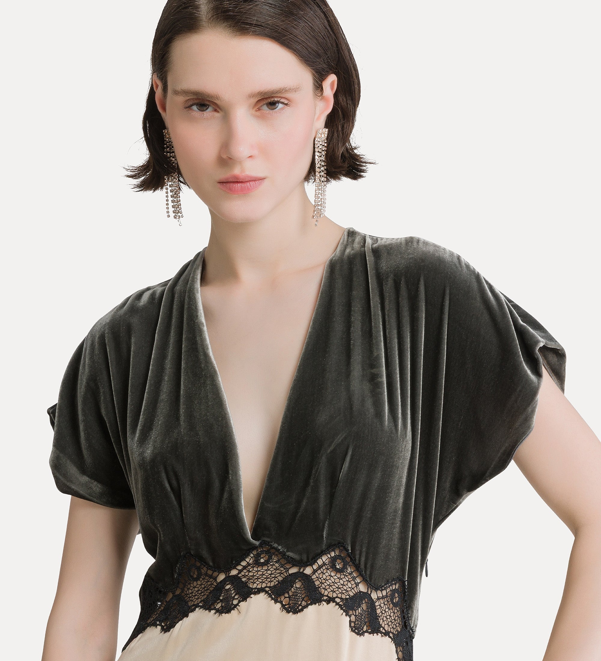Forte abiti Velvet and Cupro Dress with Lace abito lungo grigio