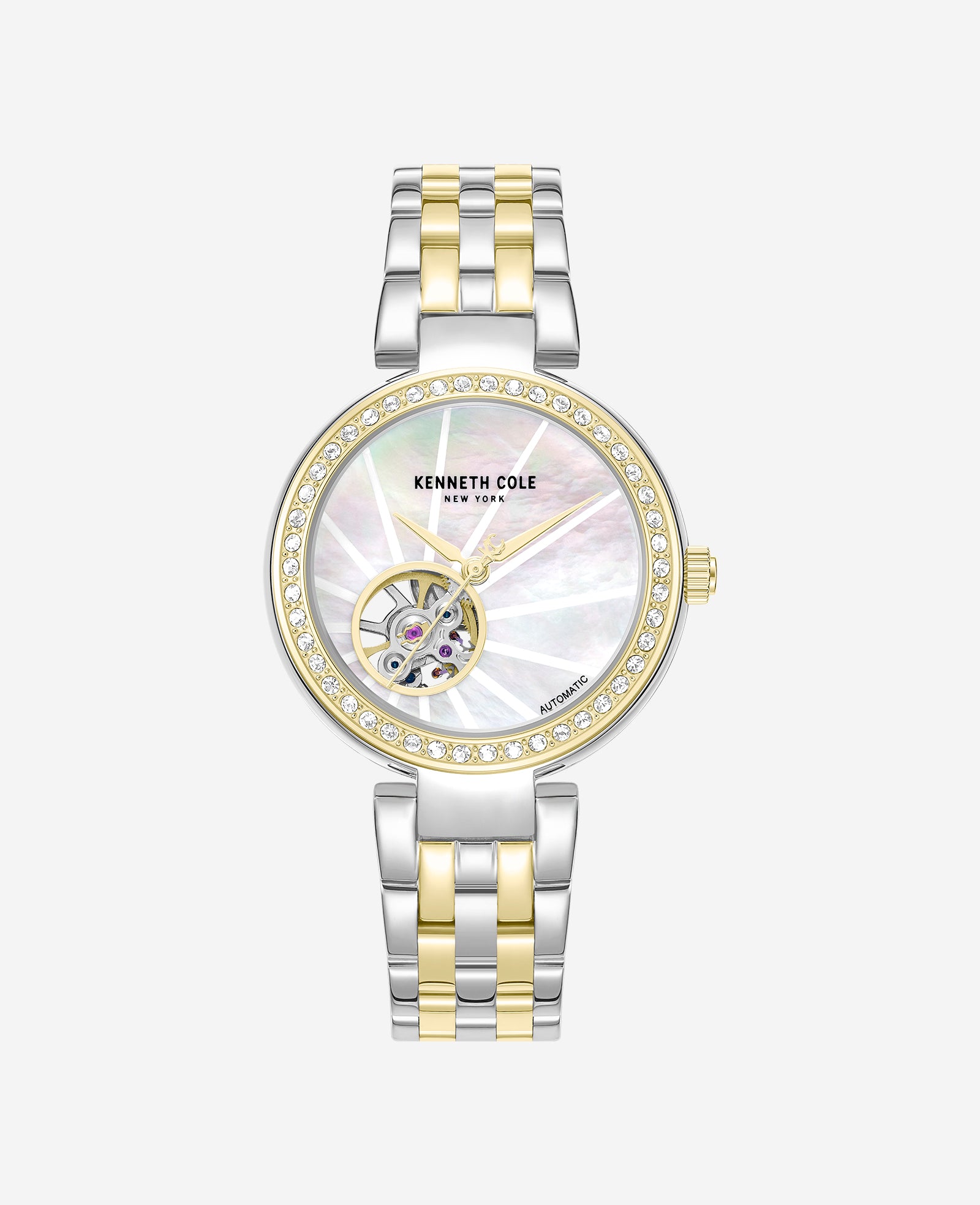 Kenneth Cole Reaction Watches Open Heart Automatic Crystal Lined MOP Dial Two Tone Bracelet Watch